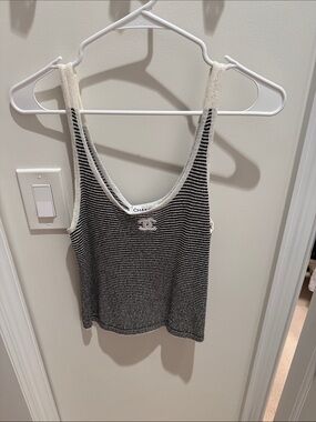CHANEL style Black and White Striped Knit Tank Top with Logo